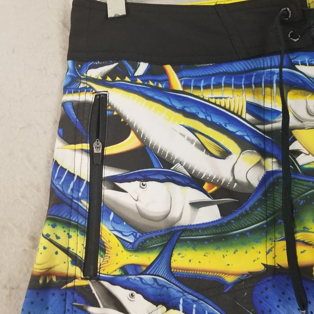 Pelagic Board Shorts Mens 32 Blue‎ Hydro-Lite Fish Print Marlin Tuna Mahi Mahi